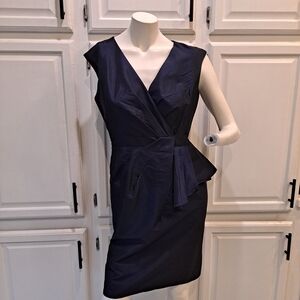 Evan Piccone Elegant Navy Sheen Sleeveless Cocktail Sheath Pleated Waist Dress